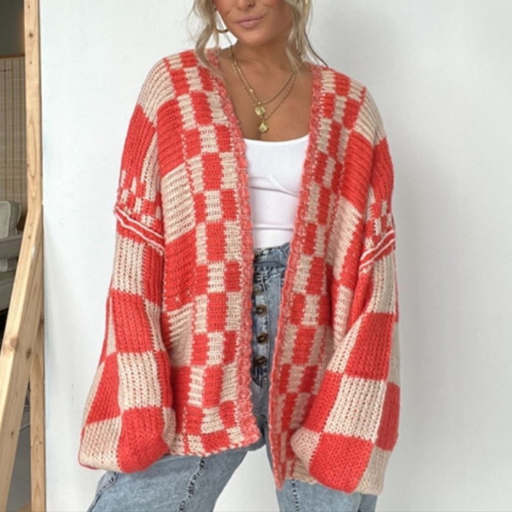 Plaid & Cozy Days Cardigan - Red Orange - Picture 7 of 9